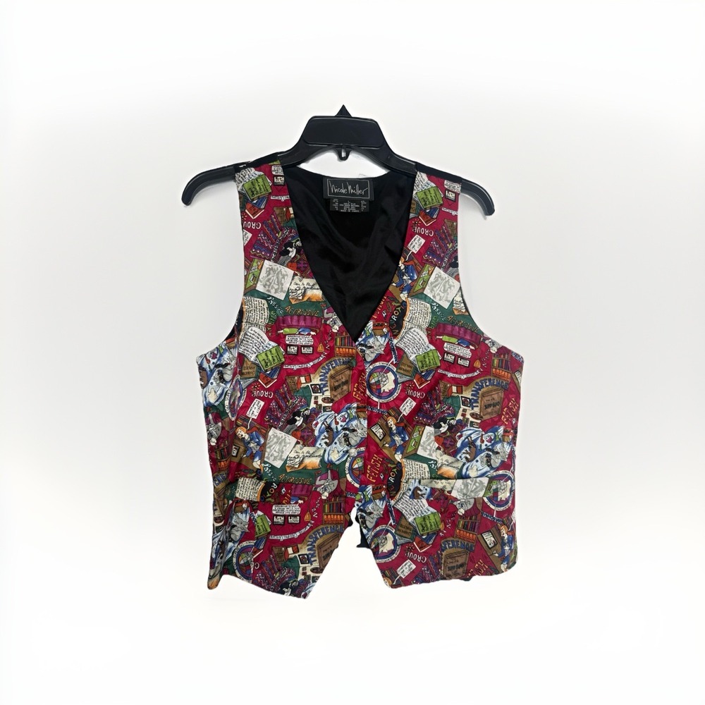 Nicole Miller Silk Vest Psychiatrist Therapy Print Womens Size L Vintage 1993